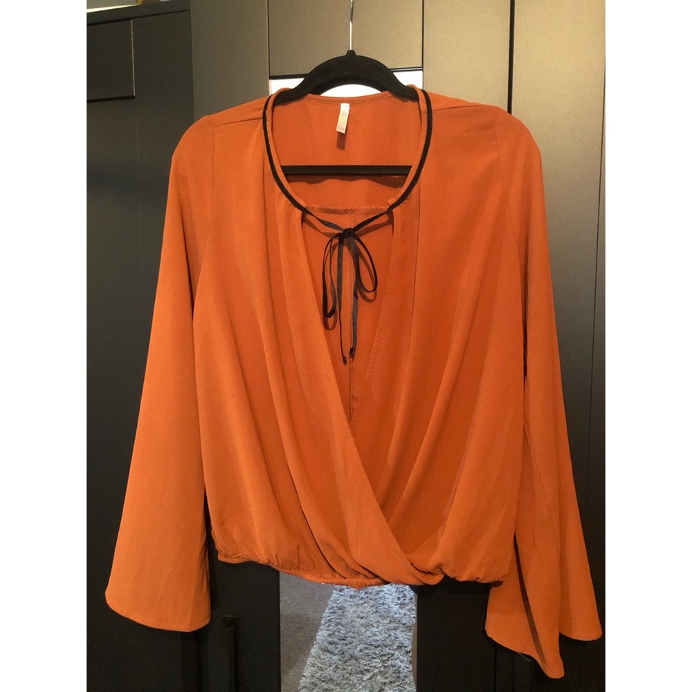 NWOT Cross Chiffon Wrap Blouse with Flowy Sleeves